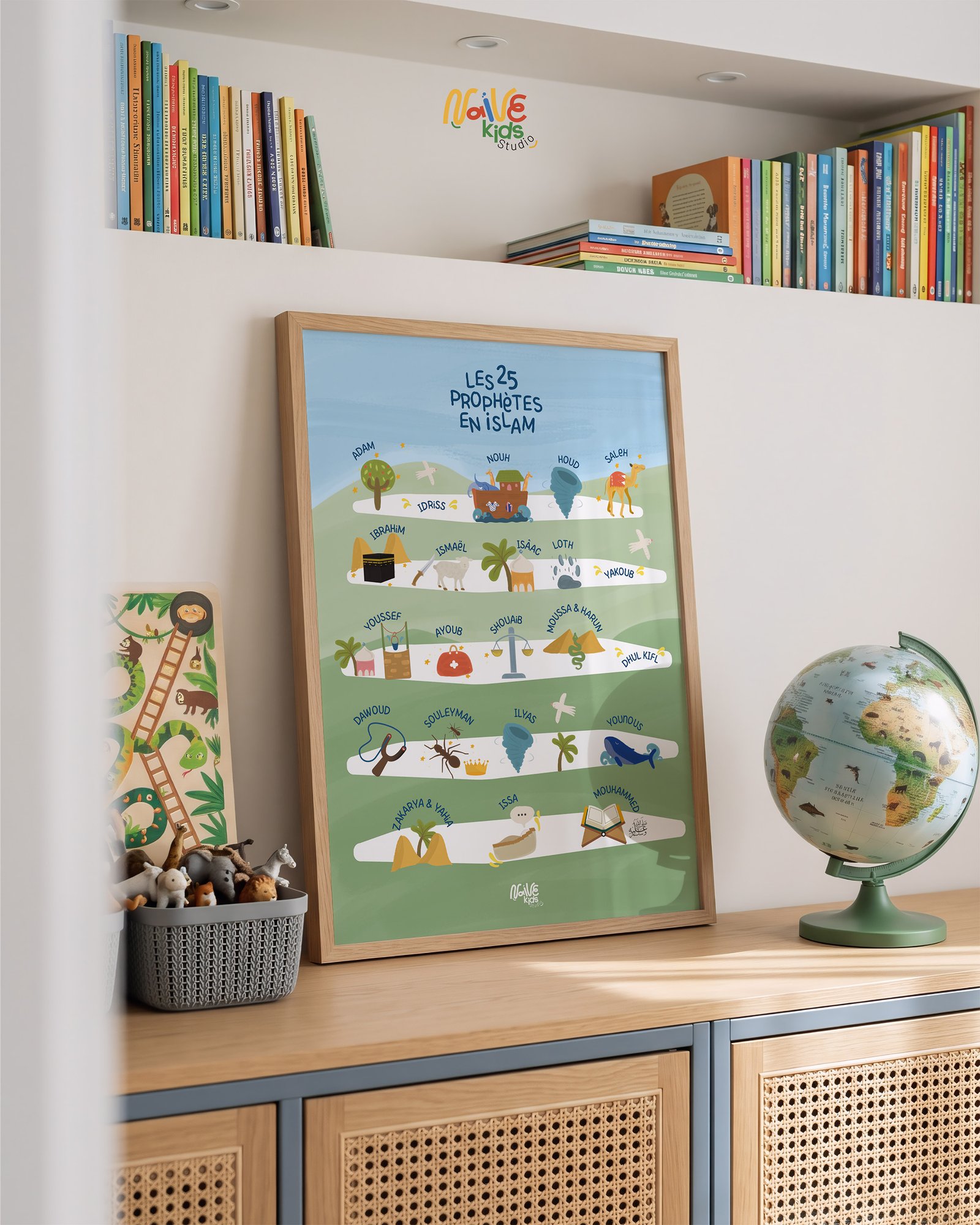 une affiche encadrée posée sur un meuble dans une chambre pour enfant