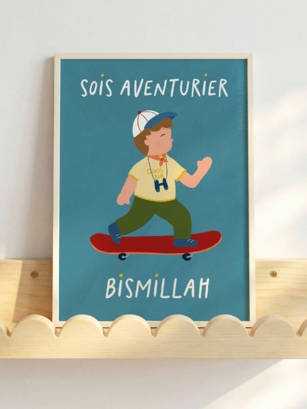 affiche d'un petit garçon sur skateboard fier et confiant en lui
