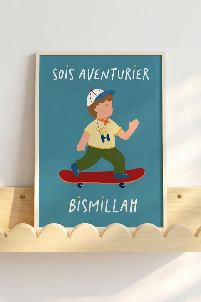 affiche d'un petit garçon sur skateboard fier et confiant en lui