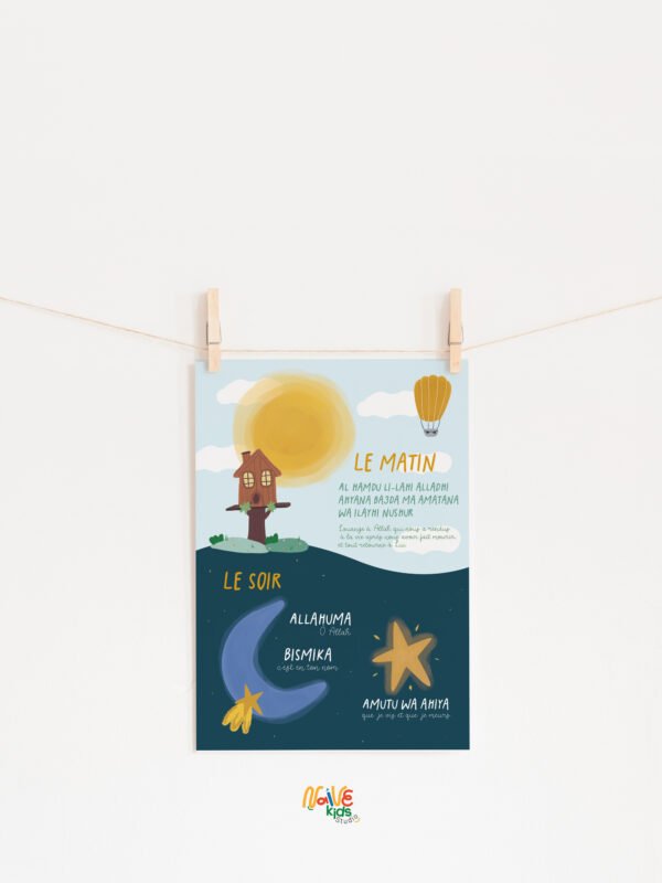 affiche des douas du matin et du soir pour enfant sur fond blanc et attache en bois